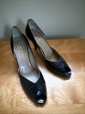 Bruno Magli Black Leather Peep-Toe Heels